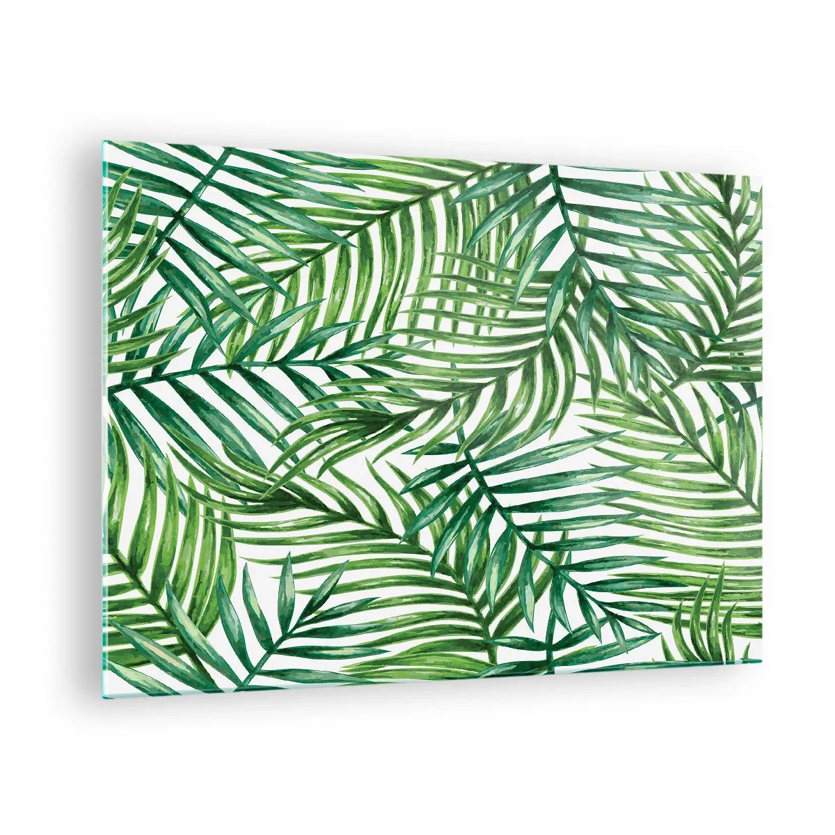 Glastavla - Bild på glas - Gröna palmblad på en vit bakgrund som skapar ett geometriskt mönster - 70x50cm - Under gröna baldakinen - Modern väggdekoration för vardagsrum och sovrum ARTTOR
