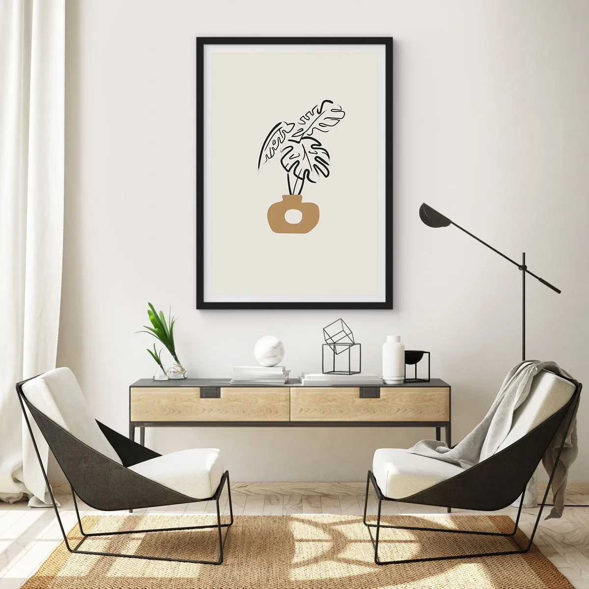 Affisch i svart ram - En minimalistisk teckning av en monstera i en vas - 50x70cm - Monstera -husdekoration - Modern väggdekoration för vardagsrum och sovrum ARTTOR