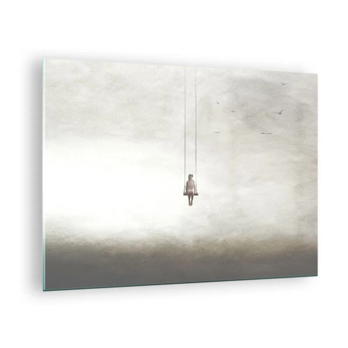 Glastavla - Bild på glas - En figur på en gunga svävande i himlen - 70x50cm - Barn i oss - Modern väggdekoration för vardagsrum och sovrum ARTTOR