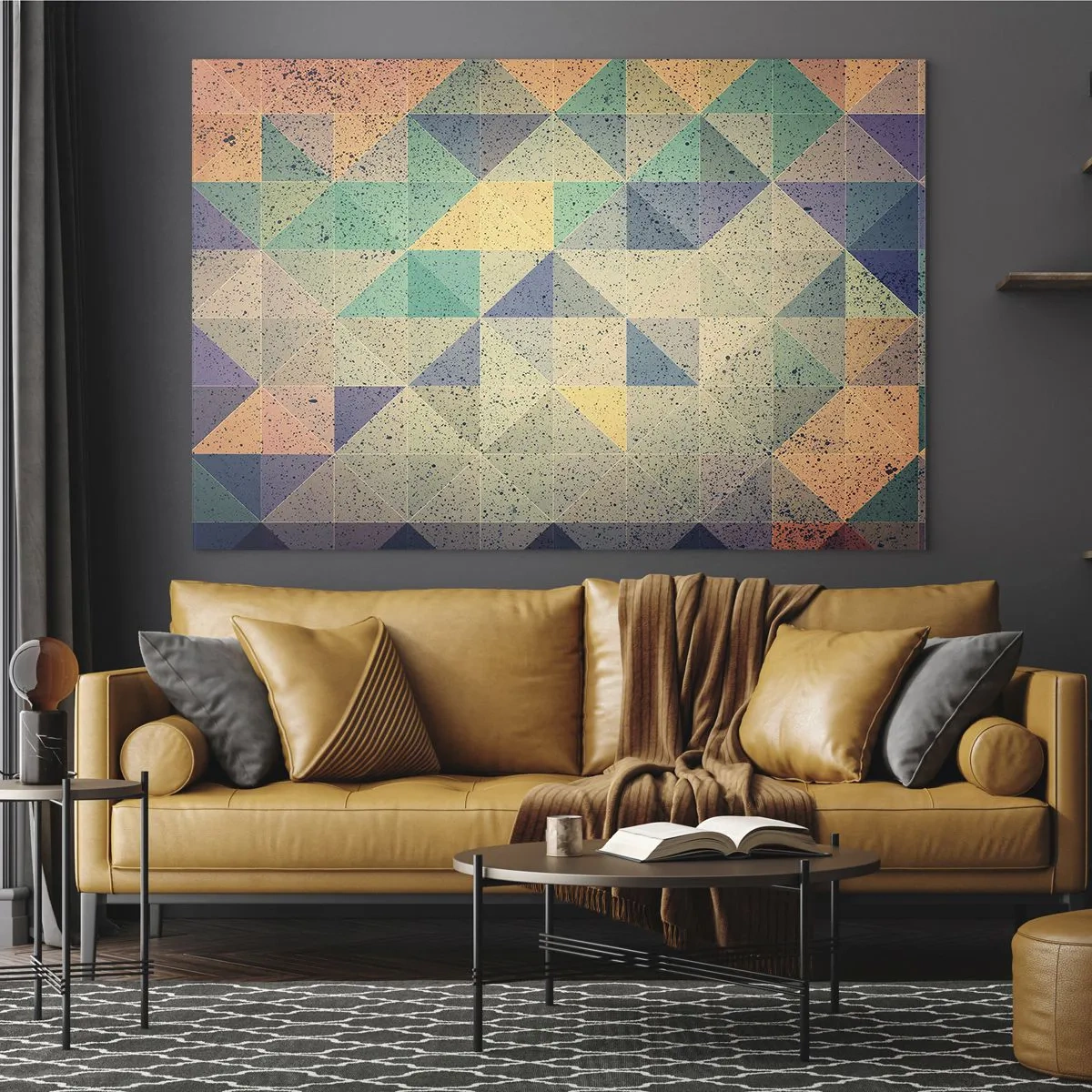 Glastavla - Bild på glas - Färgglad mosaik med geometriska trianglar i retrostil - 70x50cm - Trianglarnas republik - Modern väggdekoration för vardagsrum och sovrum ARTTOR