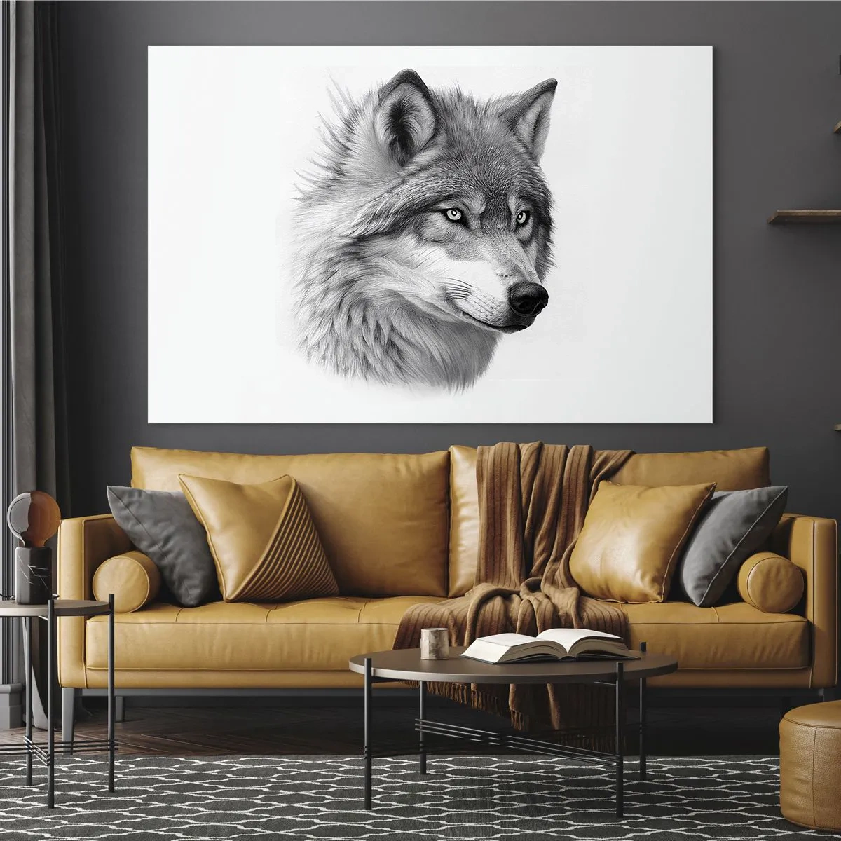 Glastavla - Bild på glas - Svartvitt porträtt av en varg med en genomträngande blick - 70x50cm - Alfa - utan tvekan - Modern väggdekoration för vardagsrum och sovrum ARTTOR