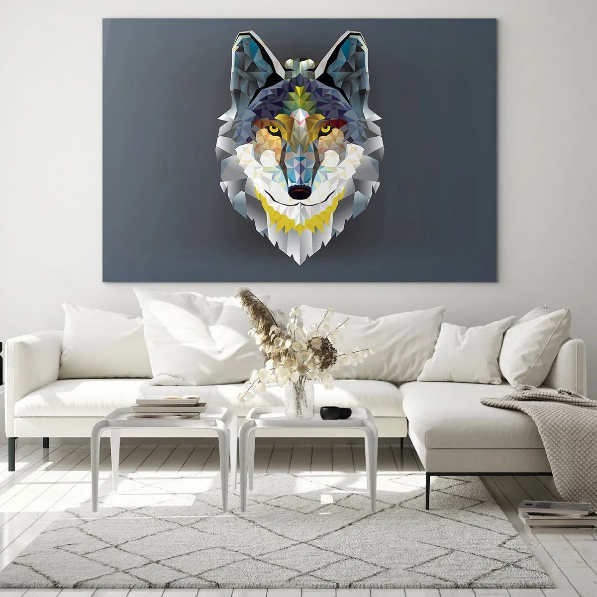 Glastavla - Bild på glas - Geometrisk varg på en mörk bakgrund - 70x50cm - Vargen är här - Modern väggdekoration för vardagsrum och sovrum ARTTOR