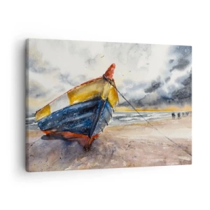 Canvastavla - Bild på duk - En pittoresk båt på stranden under en molnig himmel - 70x50cm - Vila på stranden - Modern väggdekoration för vardagsrum och sovrum ARTTOR
