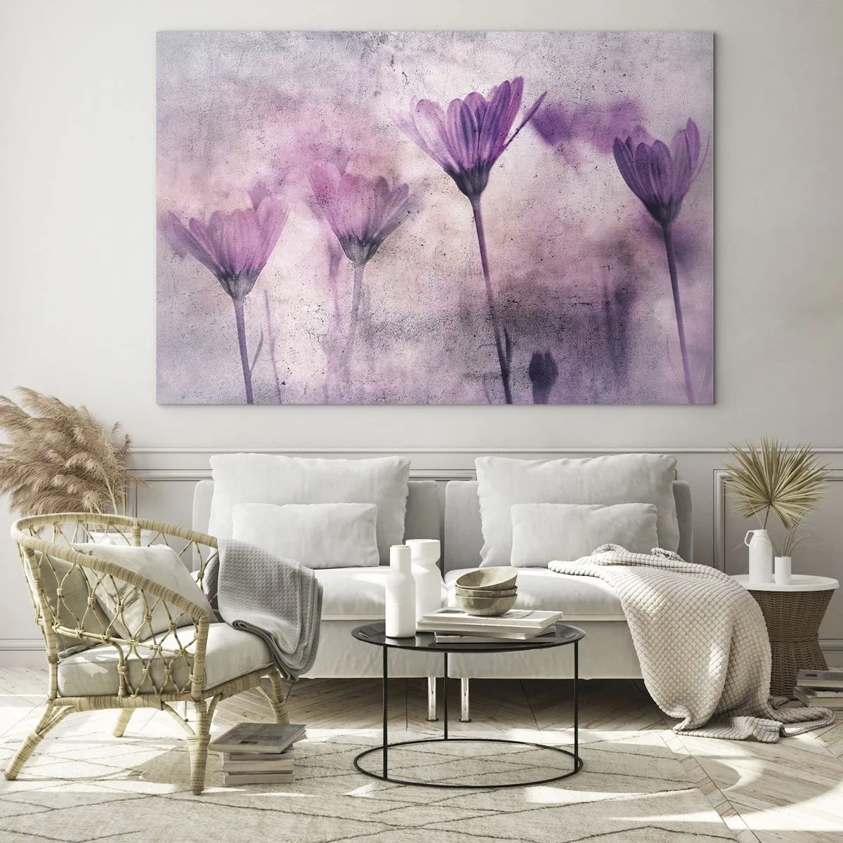 Glastavla - Bild på glas - Fina blommor i pastellfärgade lila nyanser - 70x50cm - Blommornas sömn - Modern väggdekoration för vardagsrum och sovrum ARTTOR