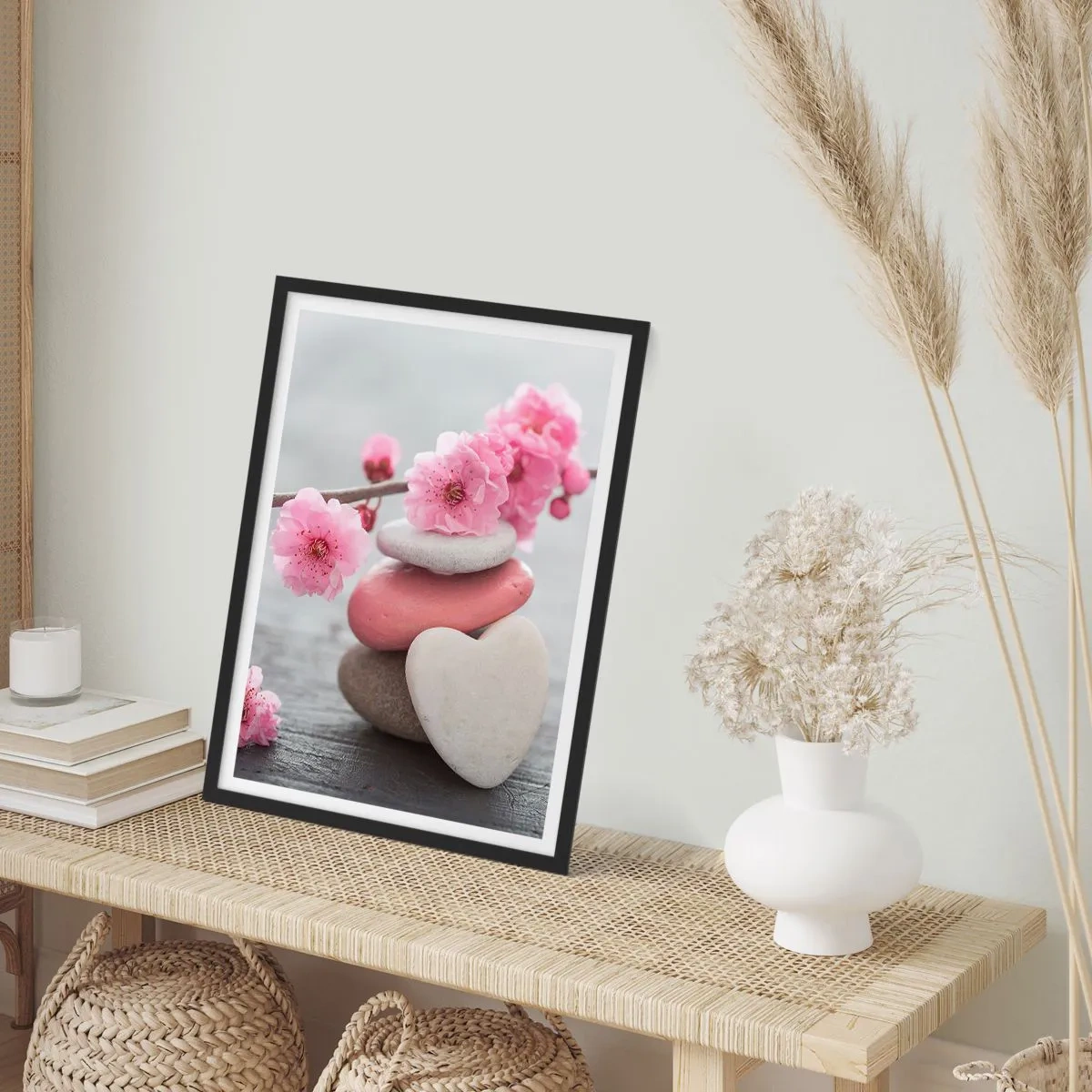 Affisch i svart ram - Hjärtformade stenar med rosa körsbärsblommor - 50x70cm - Salighet med körsbärsblomma - Modern väggdekoration för vardagsrum och sovrum ARTTOR