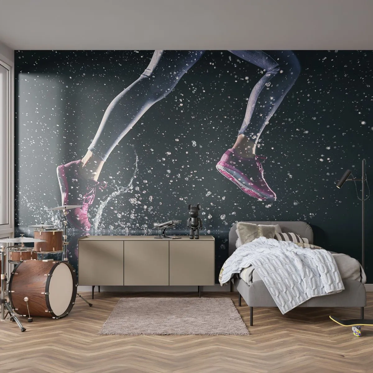 Fototapet Standard Eco - Dynamisk löpning i vattenpölar med stänk - 100x70cm - Med all kraft i benen - Modern väggdekoration för vardagsrum och sovrum ARTTOR