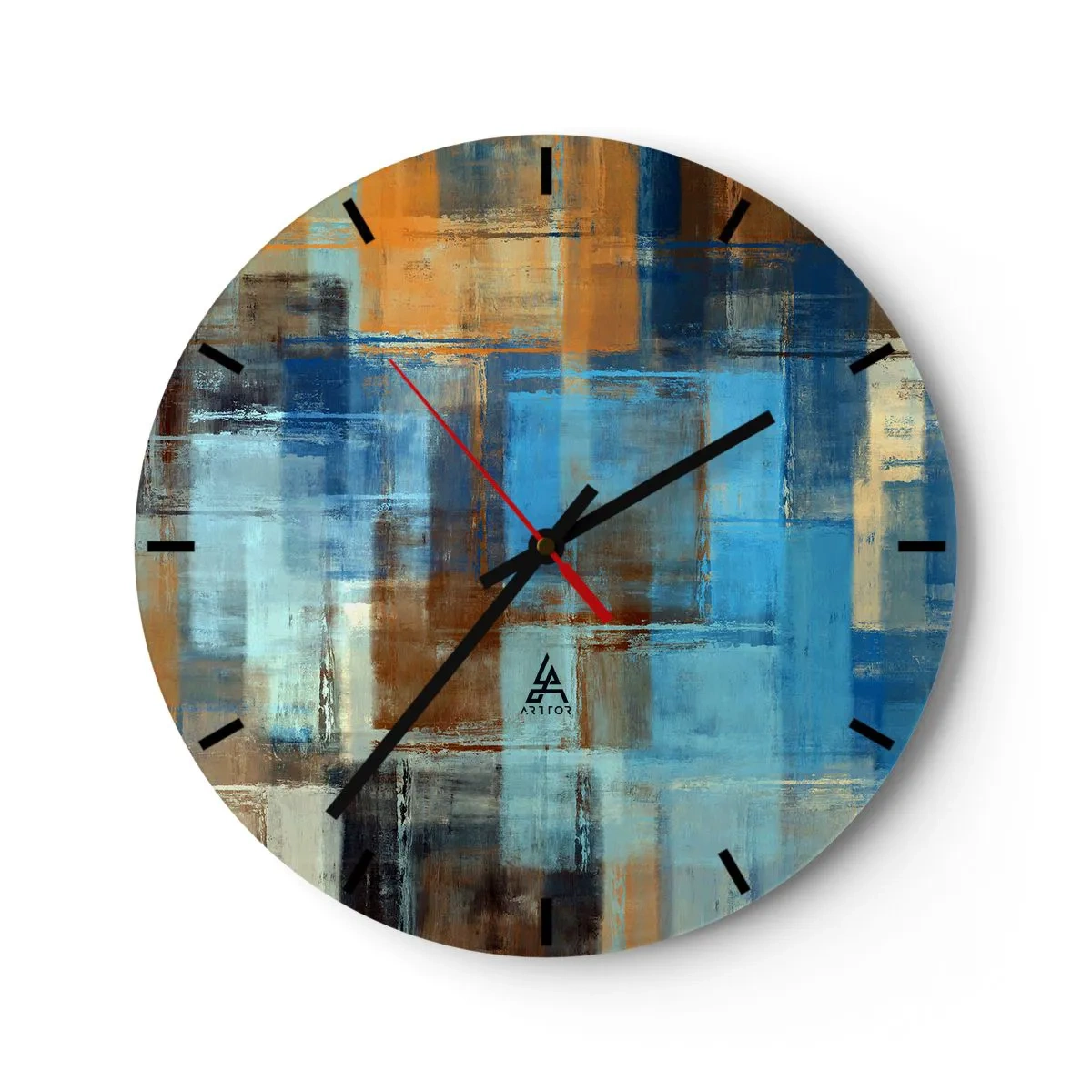 Väggklocka - Klocka på glas - Abstrakta rektanglar i nyanser av blått och brunt - 30x30cm - Genom blåa gardinen - Modern väggdekoration för vardagsrum, kök och sovrum ARTTOR