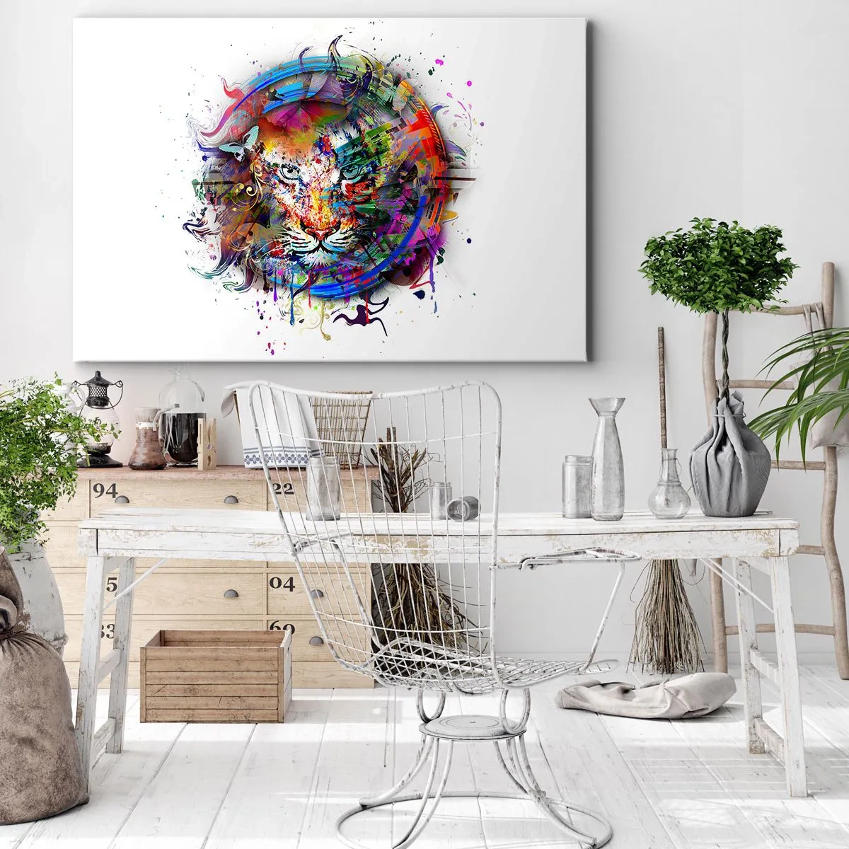Canvastavla - Bild på duk - Färgglatt porträtt av ett lejon i abstrakt stil - 70x50cm - Lurar bakom regnbågen - Modern väggdekoration för vardagsrum och sovrum ARTTOR