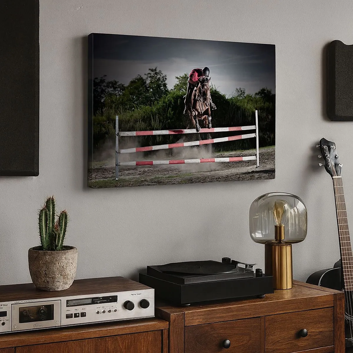 Canvastavla - Bild på duk - En ryttare på en häst som hoppar över ett hinder på en tävlingsbana - 70x50cm - Tillsammans mot seger - Modern väggdekoration för vardagsrum och sovrum ARTTOR