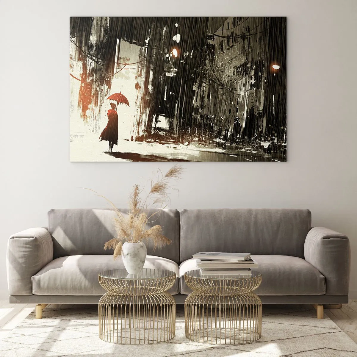 Glastavla - Bild på glas - Röda paraplyets poesi - 120x80 cm
