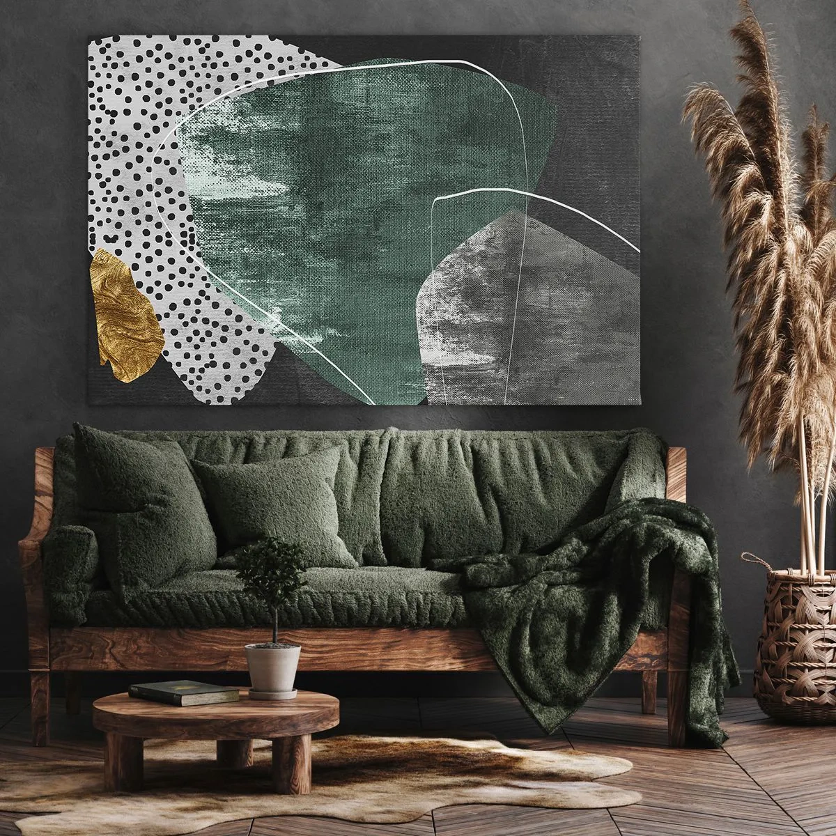 Canvastavla - Bild på duk - Abstrakt komposition med gröna former och prickmönster - 70x50cm - Färgstark abstraktion med en guldflinga - Modern väggdekoration för vardagsrum och sovrum ARTTOR