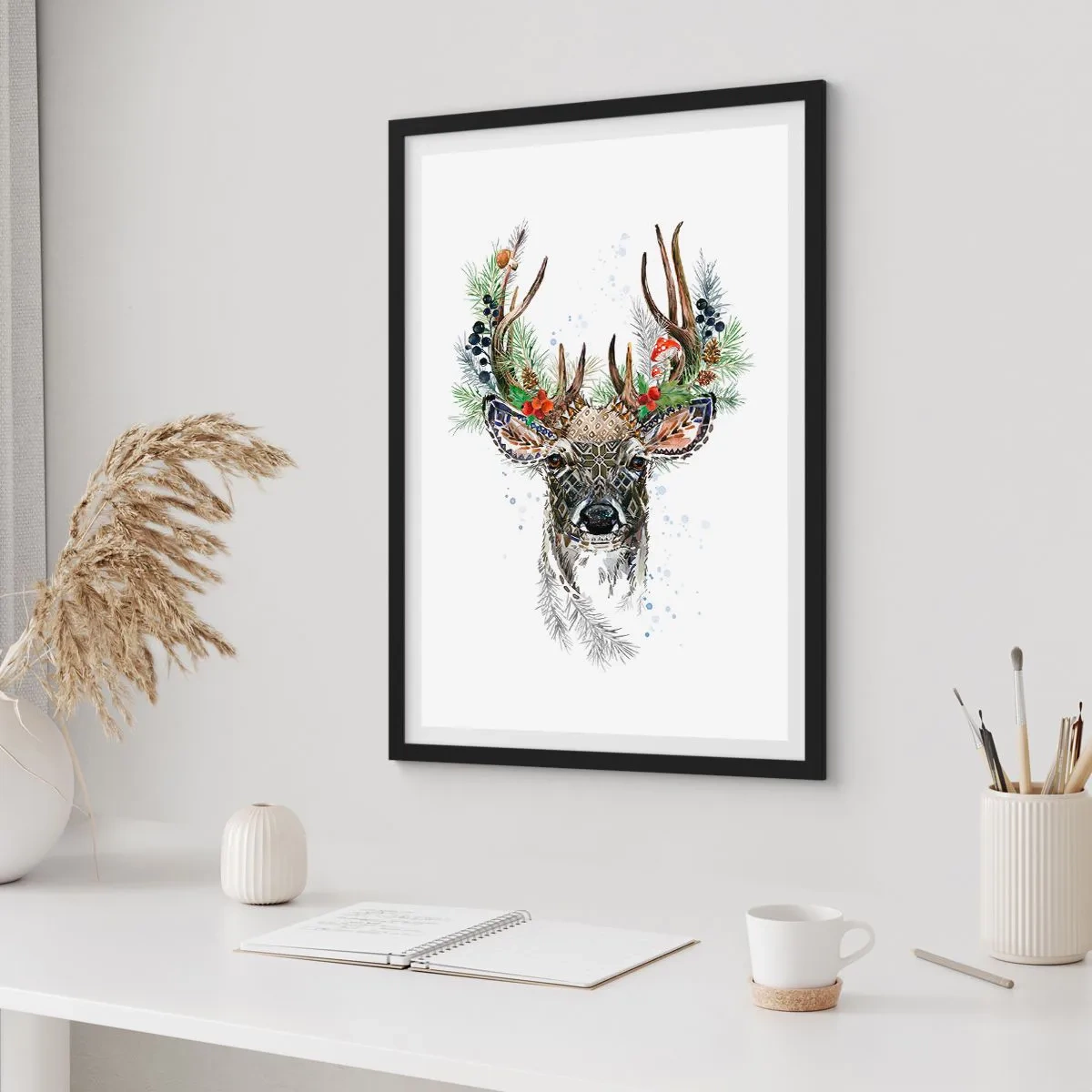 Affisch i svart ram - Dekorativa rådjur med ornament och blommiga accenter - 50x70cm - I högtidskläder - Modern väggdekoration för vardagsrum och sovrum ARTTOR