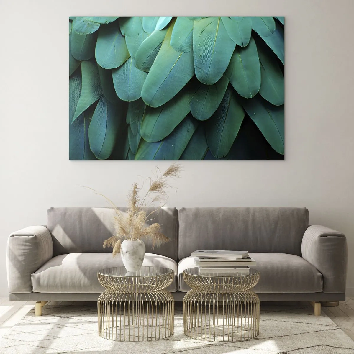 Glastavla - Bild på glas - En närbild av en papegojas intensivt gröna fjädrar. - 70x50cm - Precision av papegojans natur - Modern väggdekoration för vardagsrum och sovrum ARTTOR