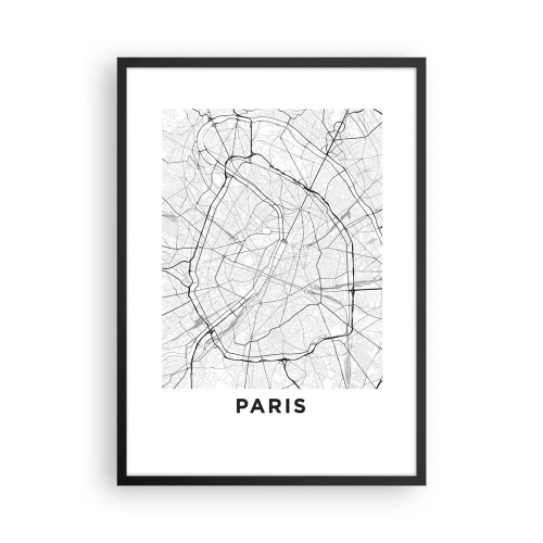 Affisch i svart ram - En karta över Paris i minimalistisk svartvit stil. - 50x70cm - Paris blomma - Modern väggdekoration för vardagsrum och sovrum ARTTOR