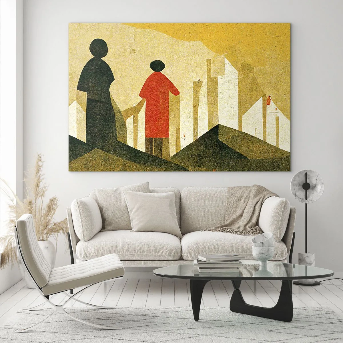 Glastavla - Bild på glas - Geometriska silhuetter av figurer bland höga former mot bakgrund av en gul himmel - 70x50cm - Det är fortfarande långt kvar - Modern väggdekoration för vardagsrum och sovrum ARTTOR