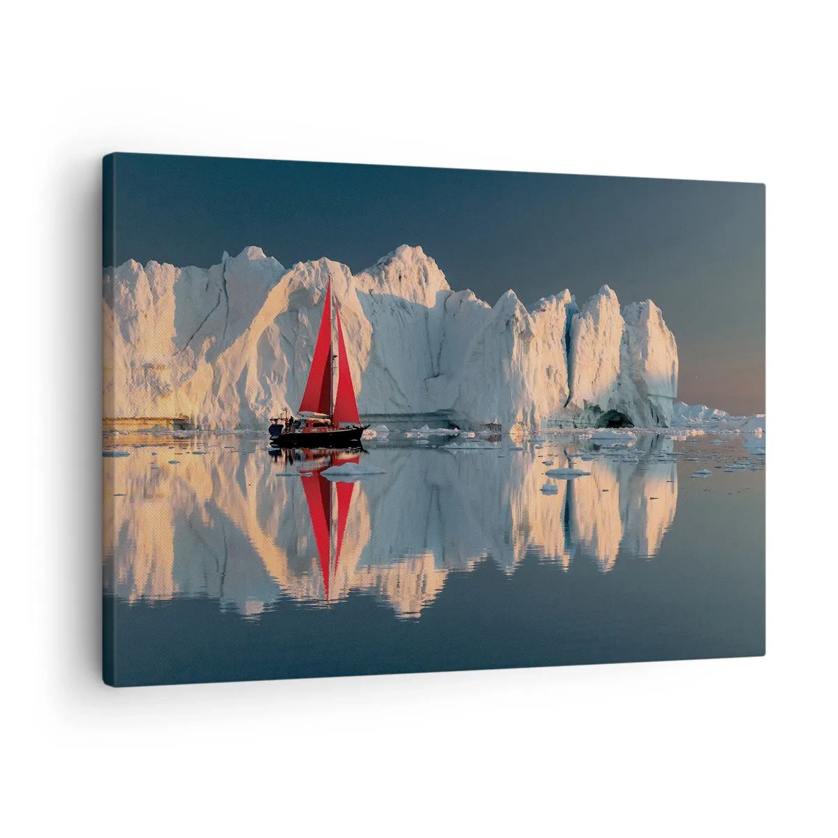 Canvastavla - Bild på duk - En segelbåt med ett rött segel mot bakgrund av en glaciär - 70x50cm - I världens ände - Modern väggdekoration för vardagsrum och sovrum ARTTOR