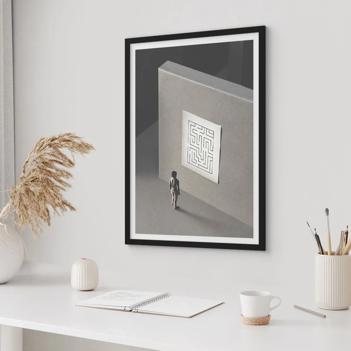 Affisch i svart ram - En figur framför en minimalistisk labyrint - 50x70cm - Men var är jag? - Modern väggdekoration för vardagsrum och sovrum ARTTOR