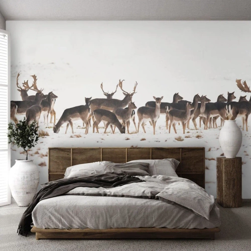 Fototapet Standard Eco - En hjortflock mot en vinterbakgrund - 100x70cm - Julen är på väg? - Modern väggdekoration för vardagsrum och sovrum ARTTOR