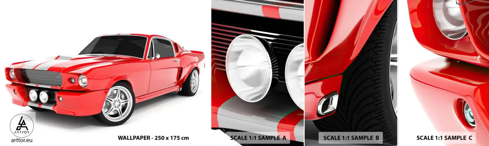 Provbit av självhäftande fototapet Deluxe Sticker - Mustang snabb som vinden - Bil, Veteranbil, Mustang bil 1967 - 100x30 cm