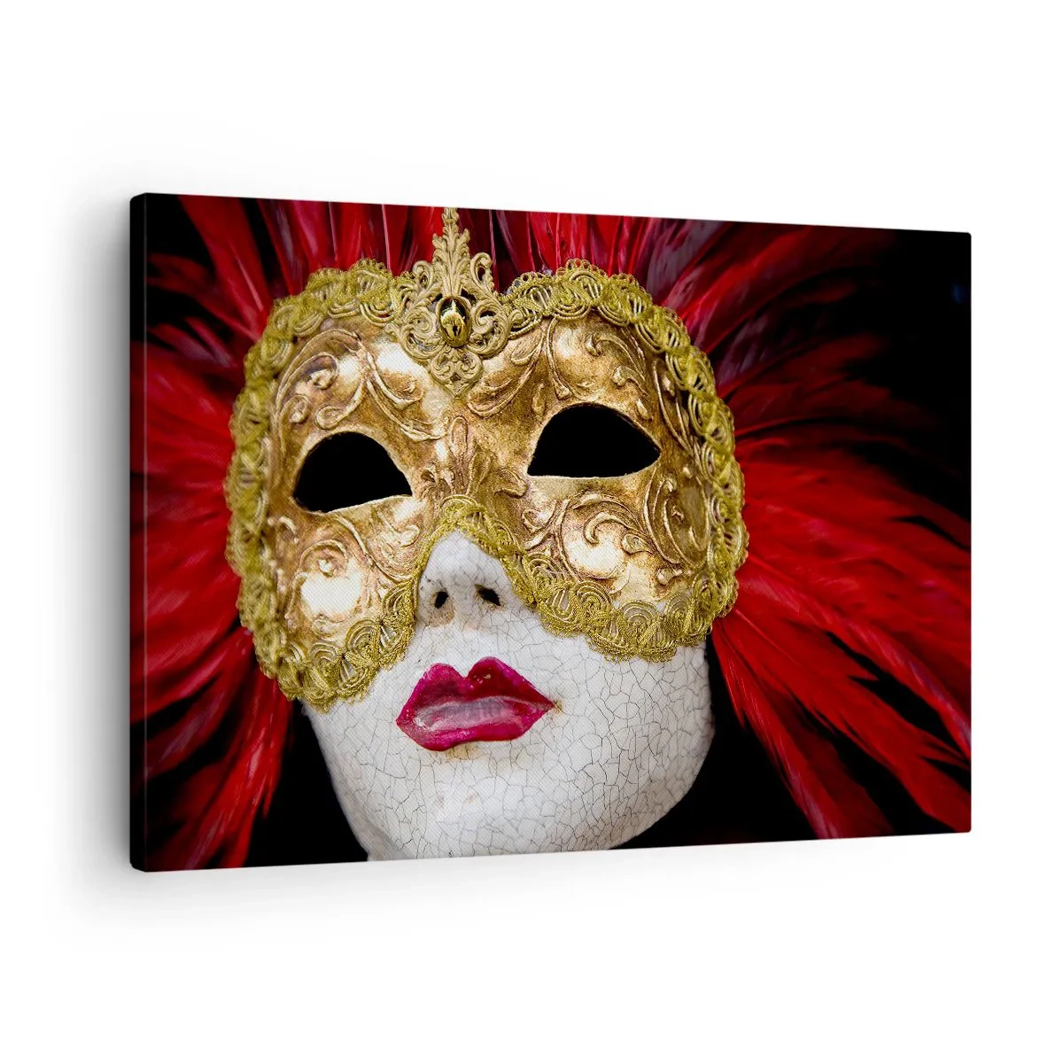 Canvastavla - Bild på duk - Guldfärgad venetiansk mask med röda fjädrar - 70x50cm - Ett löfte om karnevaläventyr - Modern väggdekoration för vardagsrum och sovrum ARTTOR