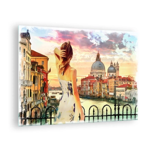 Glastavla - Bild på glas - En kvinna beundrar utsikten över Venedig i solnedgången. - 70x50cm - Äventyr endast i ... - Modern väggdekoration för vardagsrum och sovrum ARTTOR