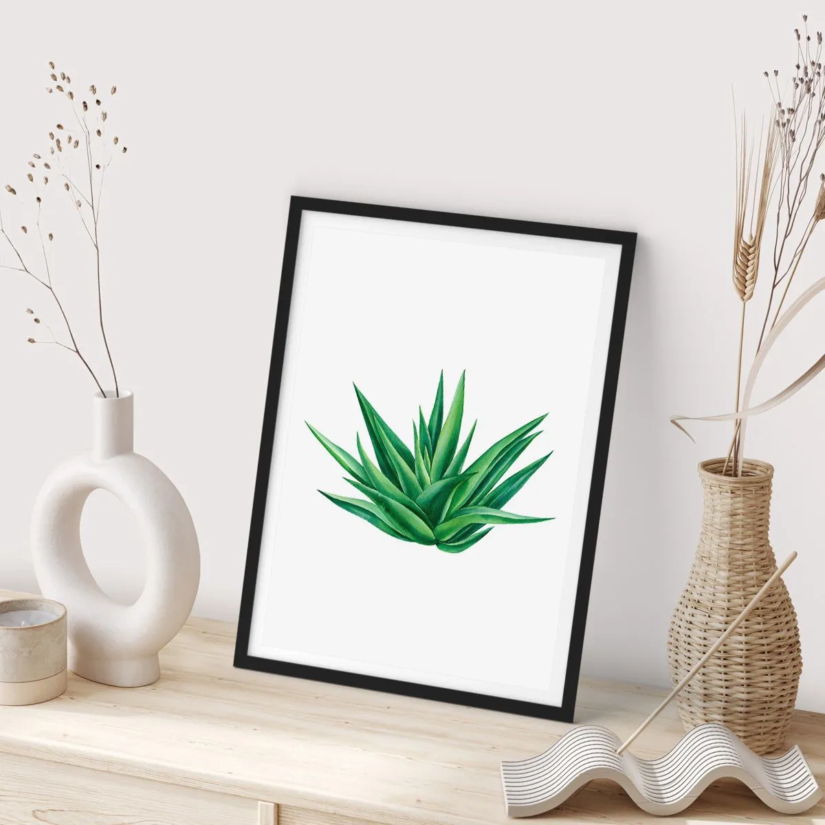 Affisch i svart ram - Minimalistisk illustration av en grön växt - 50x70cm - Grönt - styrka - liv - Modern väggdekoration för vardagsrum och sovrum ARTTOR
