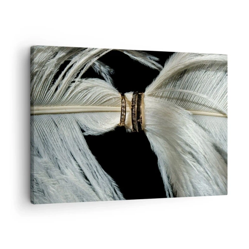 Canvastavla - Bild på duk - En vit fjäder med två guldringar på svart bakgrund - 70x50cm - ...och jag lämnar inte dig… - Modern väggdekoration för vardagsrum och sovrum ARTTOR