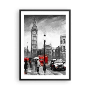 Affisch i svart ram - Big Ben på en regnig dag med röda accenter - 50x70cm - Inte alls en grå stad - Modern väggdekoration för vardagsrum och sovrum ARTTOR