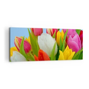 Canvastavla - Bild på duk - blommig regnbåge i daggdroppar - 100x40 cm