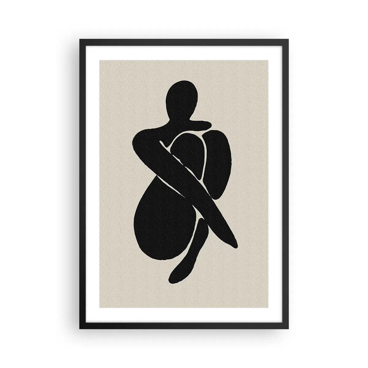 Affisch i svart ram - Abstrakt figur i en pose med armar lindade runt kroppen, svartvit illustration - 50x70cm - I min egen famn - Modern väggdekoration för vardagsrum och sovrum ARTTOR