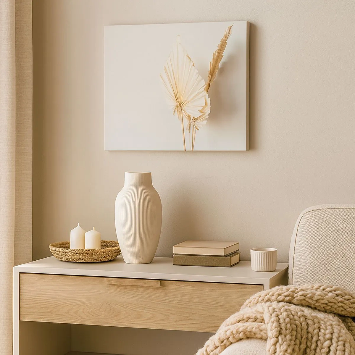 Canvastavla - Bild på duk - Torkade palmblad i ett minimalistiskt arrangemang - 70x50cm - När du behöver stillhet - Modern väggdekoration för vardagsrum och sovrum ARTTOR