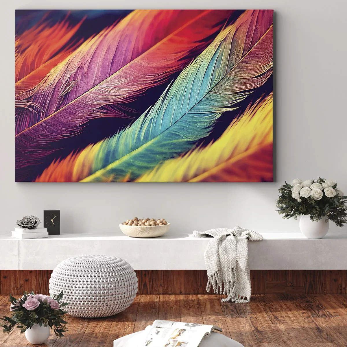 Canvastavla - Bild på duk - Färgglada fjädrar i intensiva färger - 70x50cm - Fjäderlik regnbåge - Modern väggdekoration för vardagsrum och sovrum ARTTOR