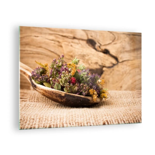 Glastavla - Bild på glas - Torkade örter i en träsked på en rustik bakgrund - 70x50cm - Färgglada blommor och doftande örter - Modern väggdekoration för vardagsrum och sovrum ARTTOR