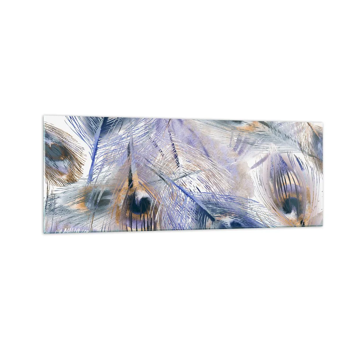 Glastavla - Bild på glas - Komposition med påfågelsfjädrar - 140x50 cm