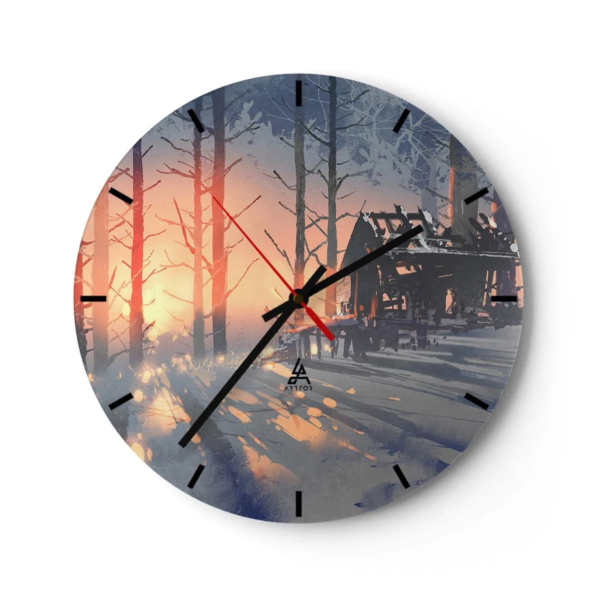 Väggklocka - Klocka på glas - En stuga i skogen upplyst av solnedgångens strålar - 30x30cm - det är bara solen som tittar in här - Modern väggdekoration för vardagsrum, kök och sovrum ARTTOR