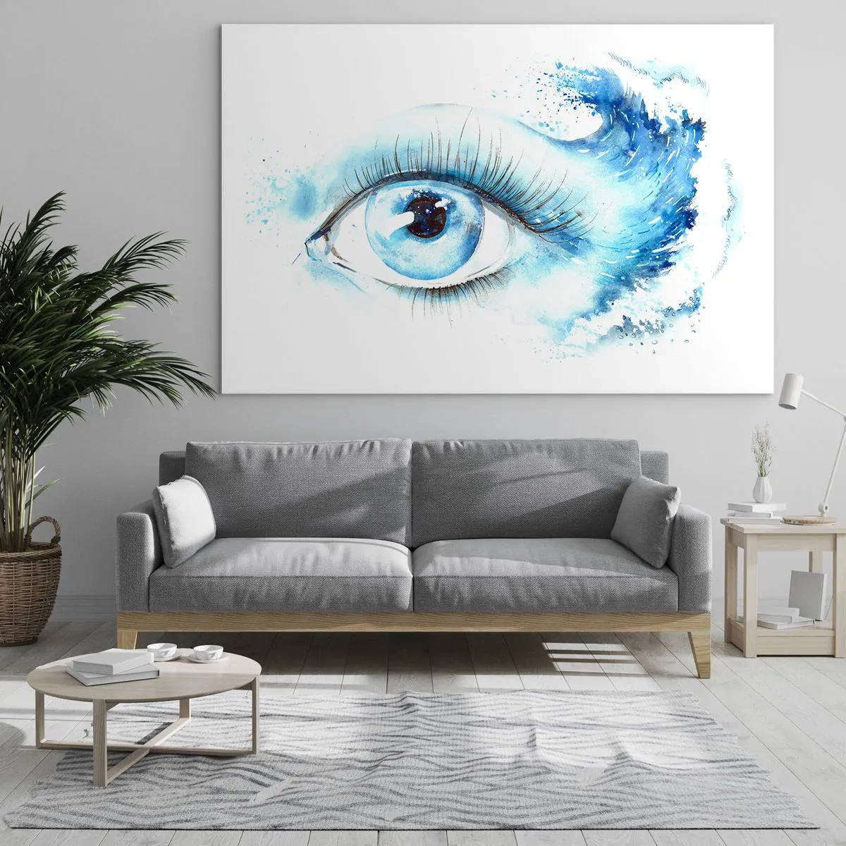 Glastavla - Bild på glas - Blått öga i konstnärlig akvarell - 70x50cm - Doppa sig i den blåa blicken - Modern väggdekoration för vardagsrum och sovrum ARTTOR