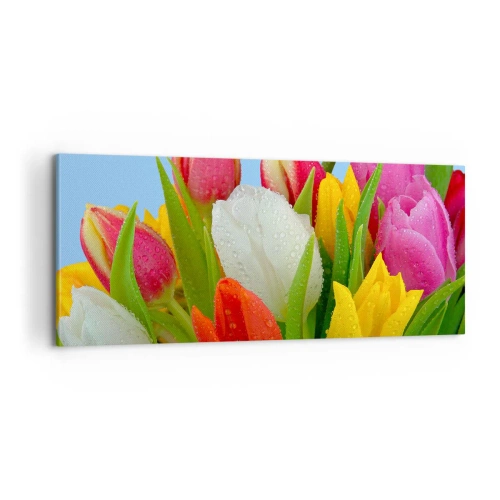 Canvastavla - Bild på duk - blommig regnbåge i daggdroppar - 100x40 cm