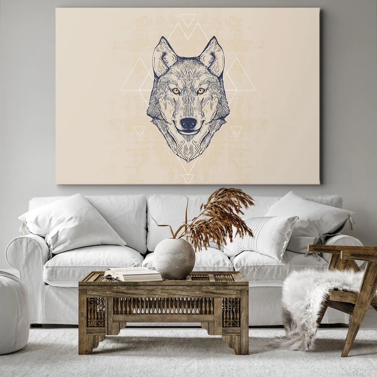 Canvastavla - Bild på duk - En geometrisk varg på en ljus bakgrund med minimalistiska mönster. - 70x50cm - Alfa med genomborrande blick - Modern väggdekoration för vardagsrum och sovrum ARTTOR
