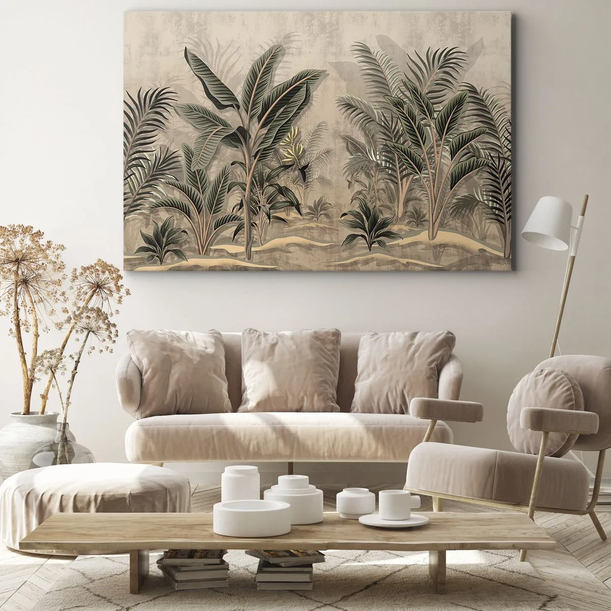 Canvastavla - Bild på duk - Palmer och tropisk vegetation i nyanser av grönt mot en beige bakgrund - 70x50cm - Bild i kolonial stil - Modern väggdekoration för vardagsrum och sovrum ARTTOR