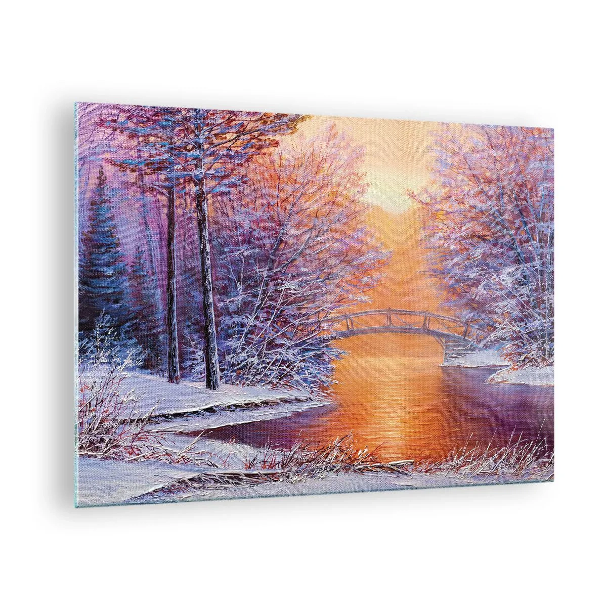 Glastavla - Bild på glas - Vinterlandskap med en bro och snötäckta träd vid solnedgången - 70x50cm - Låt oss mötas här - Modern väggdekoration för vardagsrum och sovrum ARTTOR