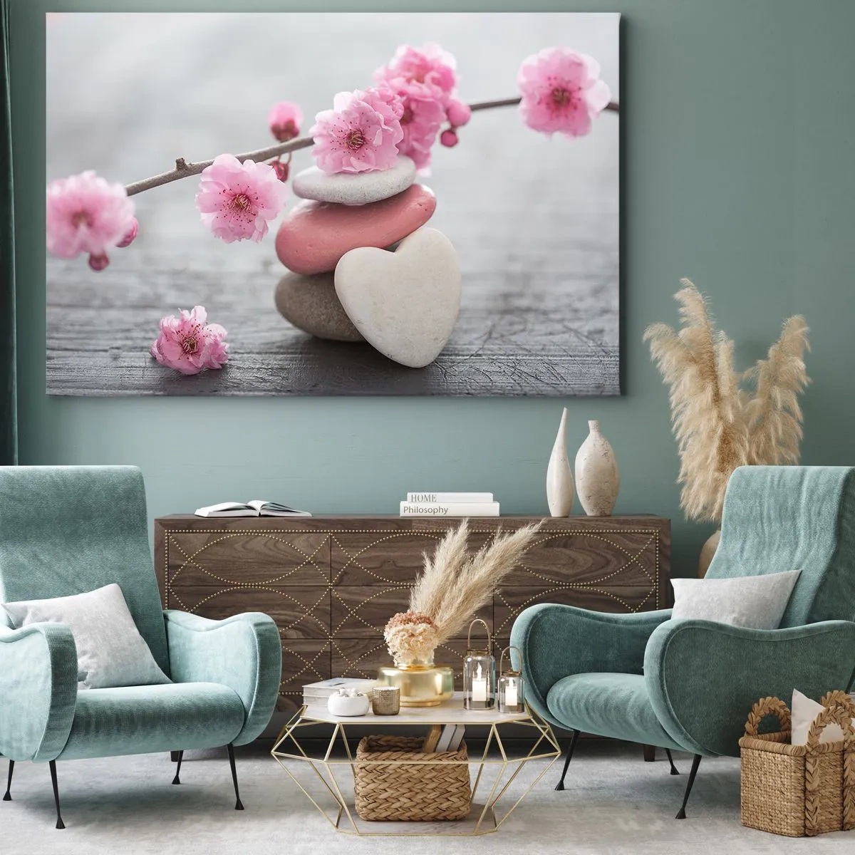 Canvastavla - Bild på duk - Fina körsbärsblommor med hjärtformade stenar - 70x50cm - Salighet med körsbärsblomma - Modern väggdekoration för vardagsrum och sovrum ARTTOR