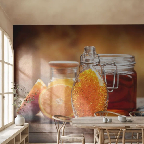 Fototapet Premium Canvas - Soliga smaker och aromer - Gastronomi, Orange, Burk Med Honung - 100x70 cm