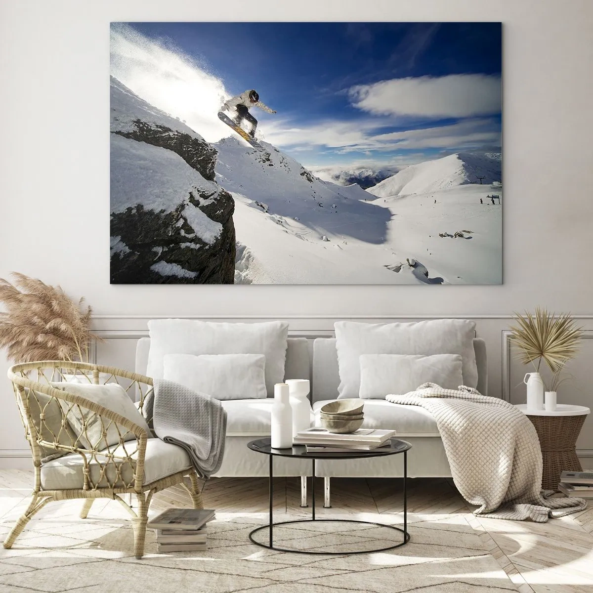 Glastavla - Bild på glas - En snowboardåkare som hoppar från en klippa i bergen på vintern - 70x50cm - Frihet utan gränserna - Modern väggdekoration för vardagsrum och sovrum ARTTOR