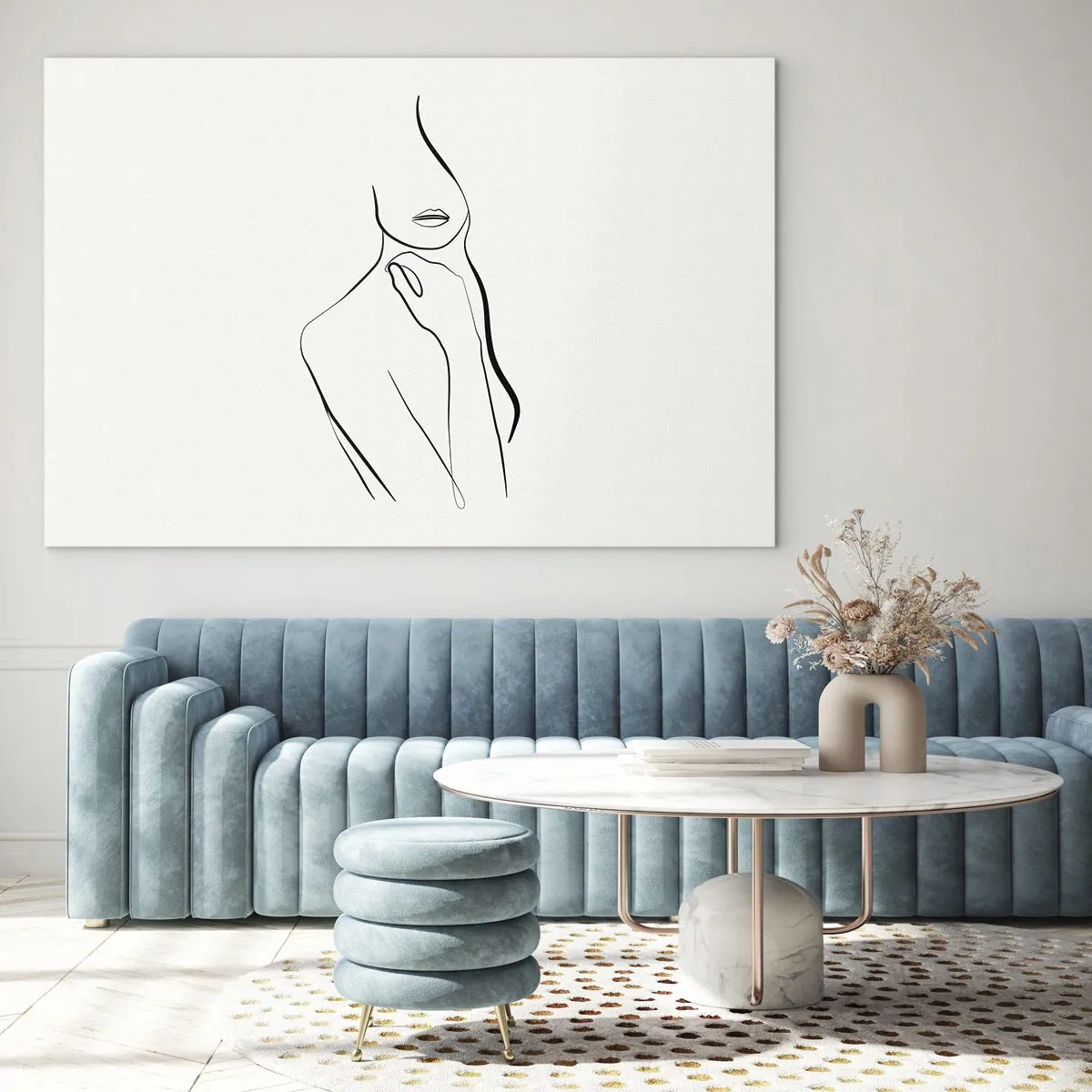 Glastavla - Bild på glas - En minimalistisk linje som visar en kvinnlig silhuett mot en ljus bakgrund - 70x50cm - Melankolins våg - Modern väggdekoration för vardagsrum och sovrum ARTTOR