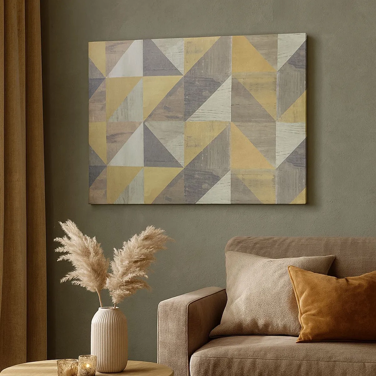 Canvastavla - Bild på duk - Geometrisk komposition av trianglar i jordnära nyanser - 70x50cm - Under triangelns vinkel - Modern väggdekoration för vardagsrum och sovrum ARTTOR