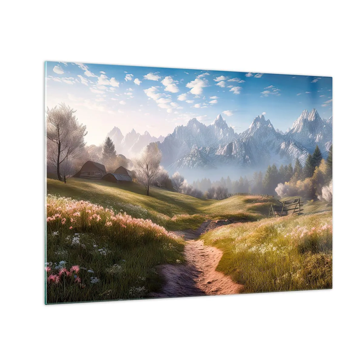 Glastavla - Bild på glas - Vårlandskap med en dal, blommor och berg i bakgrunden på morgonen - 70x50cm - Idyllisk dal - Modern väggdekoration för vardagsrum och sovrum ARTTOR