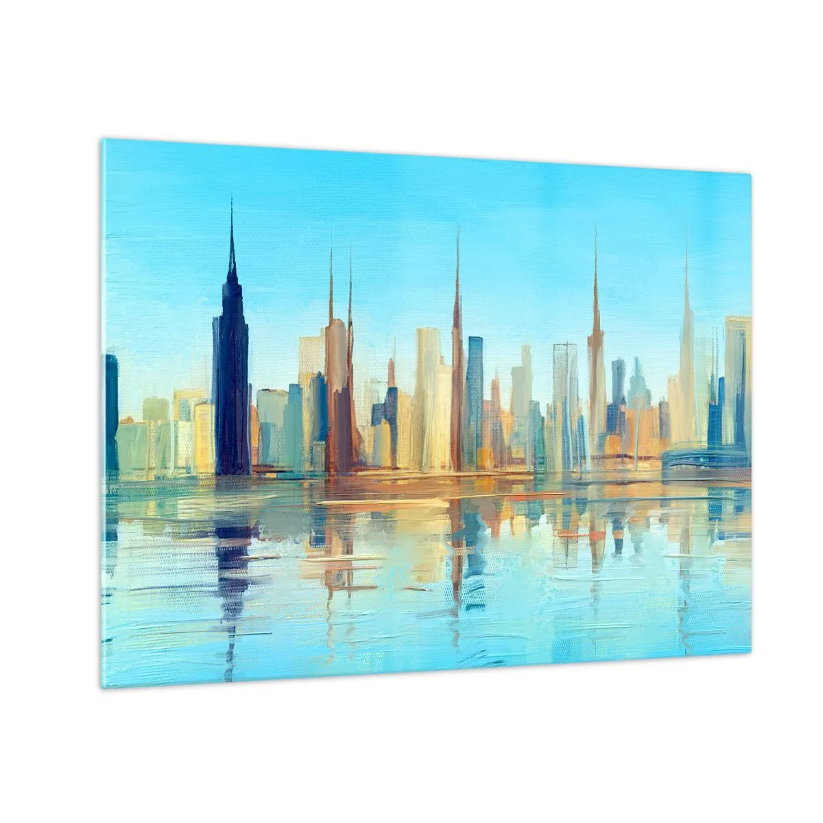 Glastavla - Bild på glas - Ett panorama över metropolen reflekterat i vattnet under en blå himmel - 70x50cm - Solig metropol - Modern väggdekoration för vardagsrum och sovrum ARTTOR