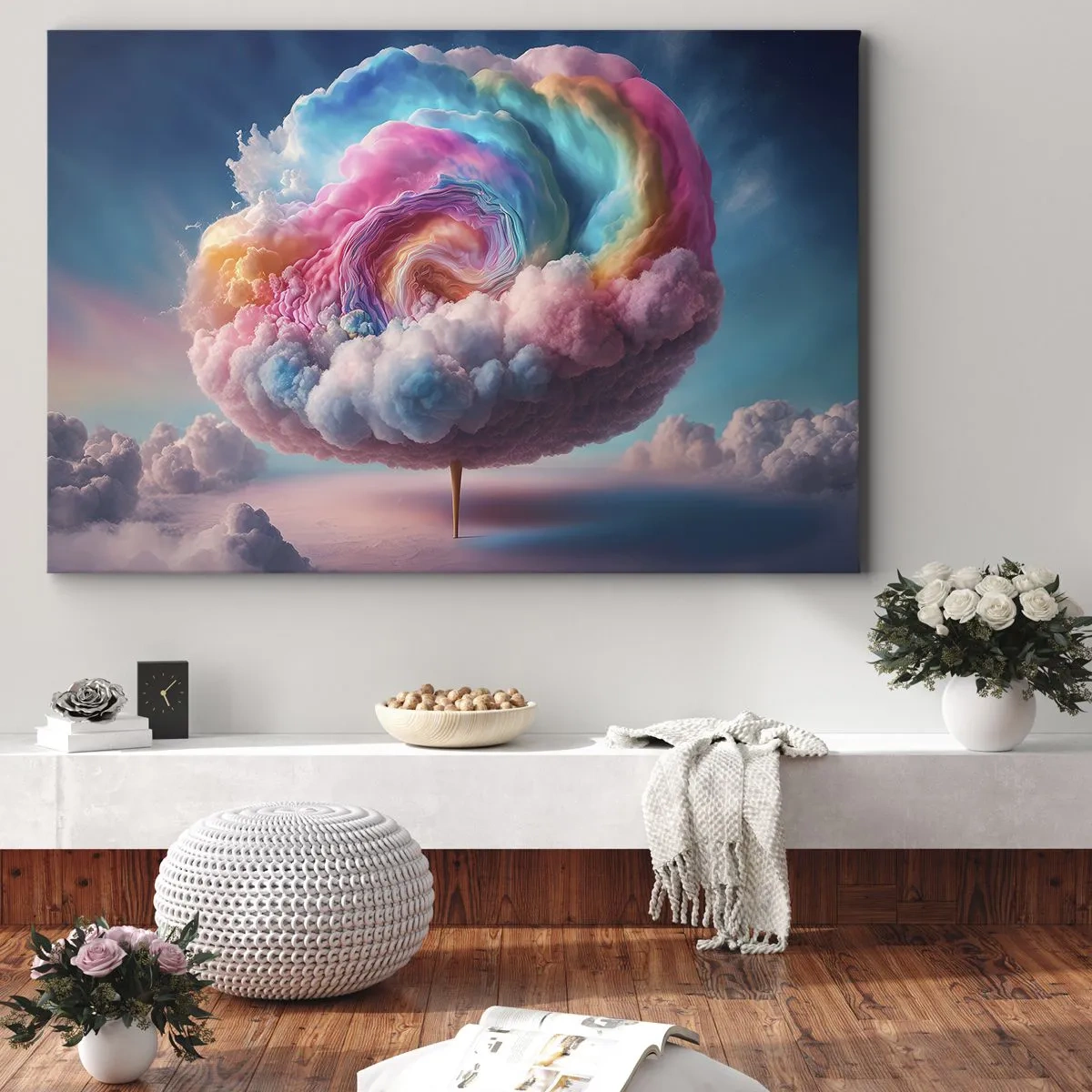Canvastavla - Bild på duk - Ett spiralformat moln med pastellfärger på himlen - 70x50cm - En dröm om en nöjespark - Modern väggdekoration för vardagsrum och sovrum ARTTOR