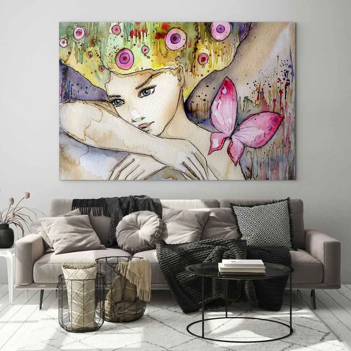 Glastavla - Bild på glas - Porträtt av en kvinna med färgglad frisyr och en fjäril i akvarell - 70x50cm - fjärilprincessa - Modern väggdekoration för vardagsrum och sovrum ARTTOR