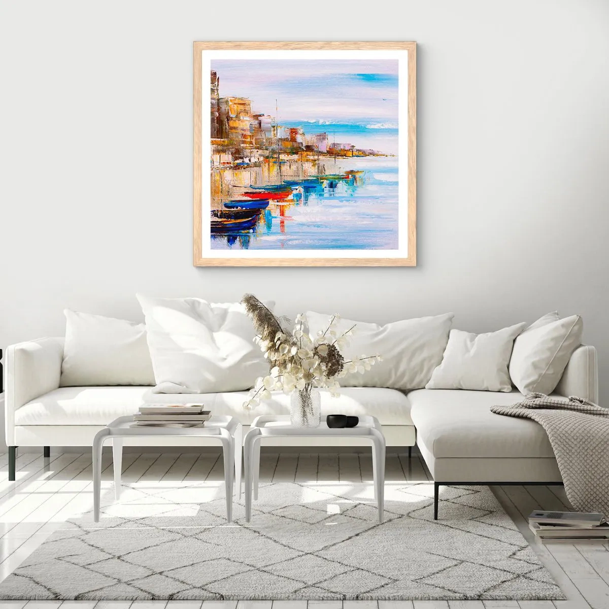 Affisch i ram av ljusek - Flerfärgad urban hamn - 60x60 cm